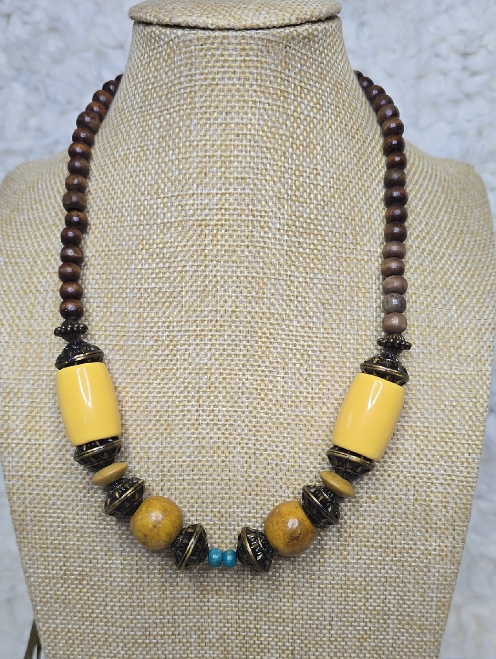 Yellow Bead,  Antique Looking Metal Bead & Wood Statement Necklace